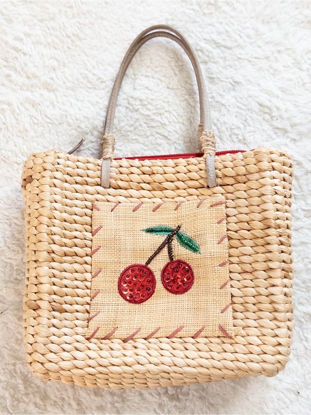 Vintage Y2K Xhilaration Cherry Straw Tote Bag Sequin Purse - Picture 7 of 7